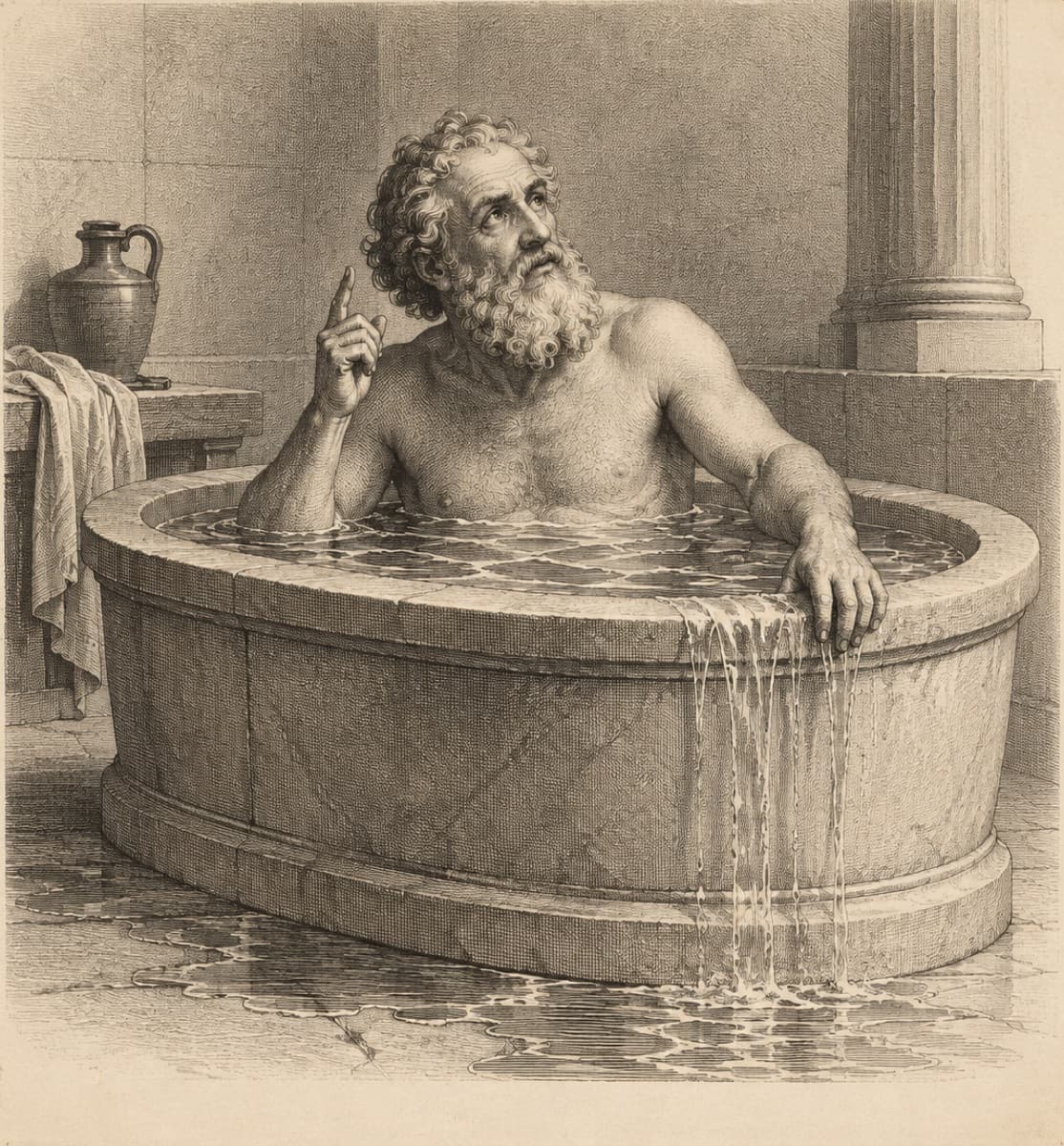 Engraving of Archimedes in a stone bath, one finger raised, water spilling over the rim.